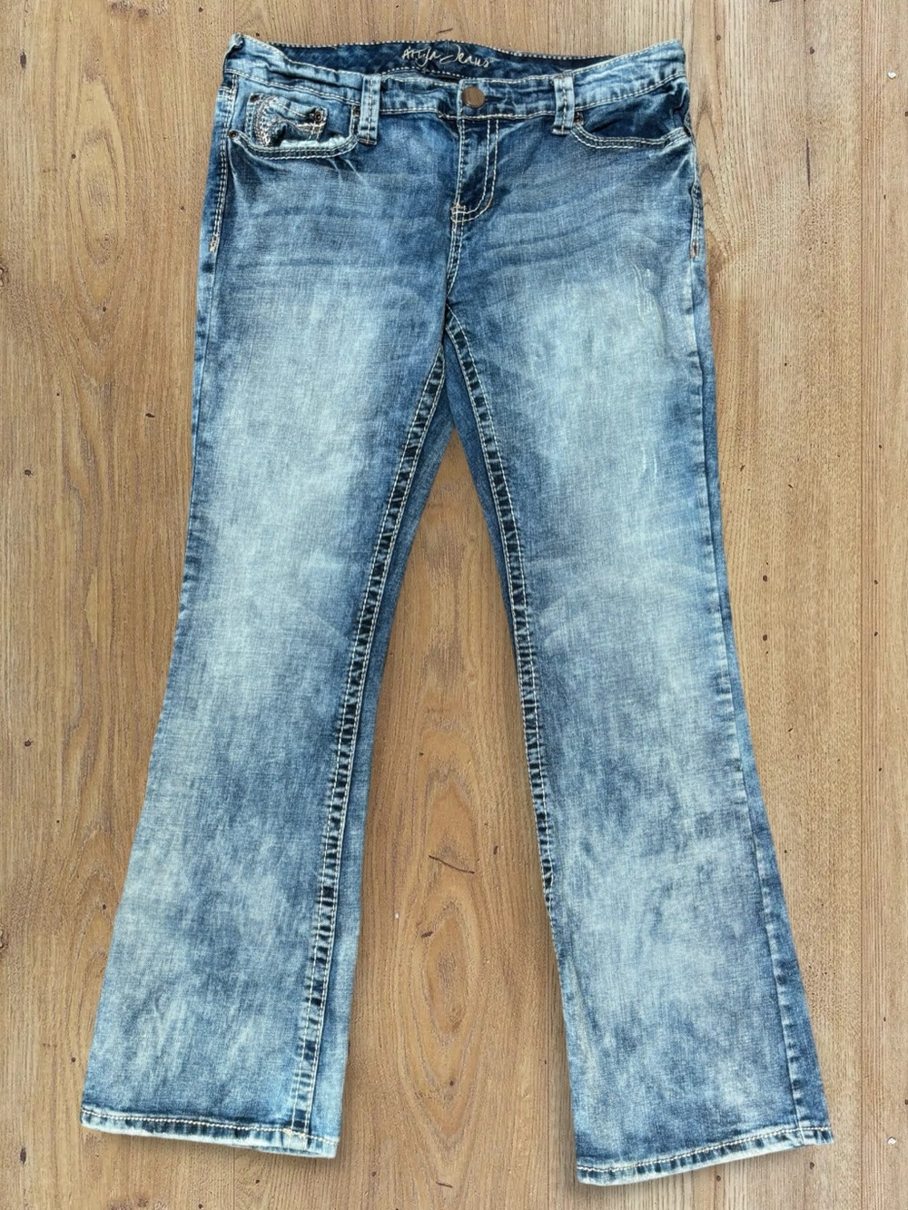 Y2K Vintage Acid Wash Bootcut Jeans with Embroidered Back Pockets 90s 15/16